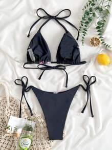 SHEIN Swim 2025 Floral Print Halter Bra & Tied Side Briefs Bikini Set - Black - View 5