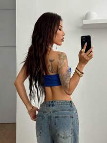 Coolane Women's Spring/Summer Y2K Knit Floral Asymmetrical Crop Tube,Music Festival,Slim Fit - Navy Blue - View 2