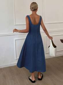 Livesso Vestido de verano informal de mujer de línea A de jean de unicolor