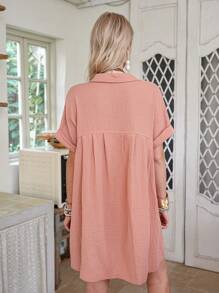 LanaWest Strukturiertes, locker sitzendes Hemdblusenkleid mit Einreiher, Doppeltaschen und Falten