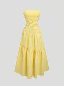 Sweetra 女式新款黄色纯色褶皱露肩简约时尚休闲度假海滩约会秋千 A 字裙，春夏 - 黃色 - 查看 3