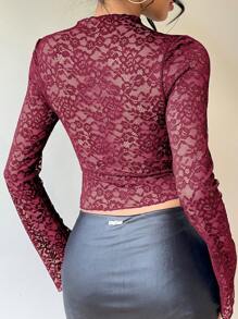 Aloruh 女士纯色长袖蕾丝镂空喇叭袖衬衫 - 酒紅色 - 查看 2