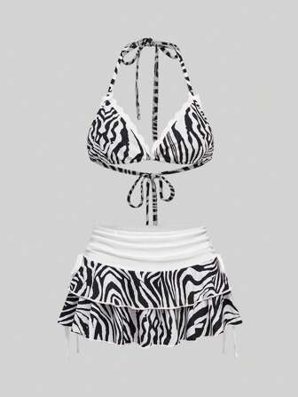 Grunge Punk Y2K Sexy Babe Zebra Stripe Vacation Style Allover Print Triangle Top Halter & Extra Short Skirt 2 Pieces Set