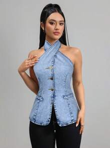 SHEIN Essnce Women's Denim Halter Neck Slim Fit Stretch Top, Blue - Light Wash - View 3