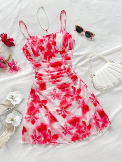 Soleia 女士碎花扎染迷你连衣裙，吊带A字廓形，浪漫度假、派对、约会、复活节、狂欢节、海滩、邮轮、下午茶等场合皆宜，时尚夏季连衣裙，女士夏季服装，女士夏季套装，女士短裙，夏季女装，波西米亚风服装