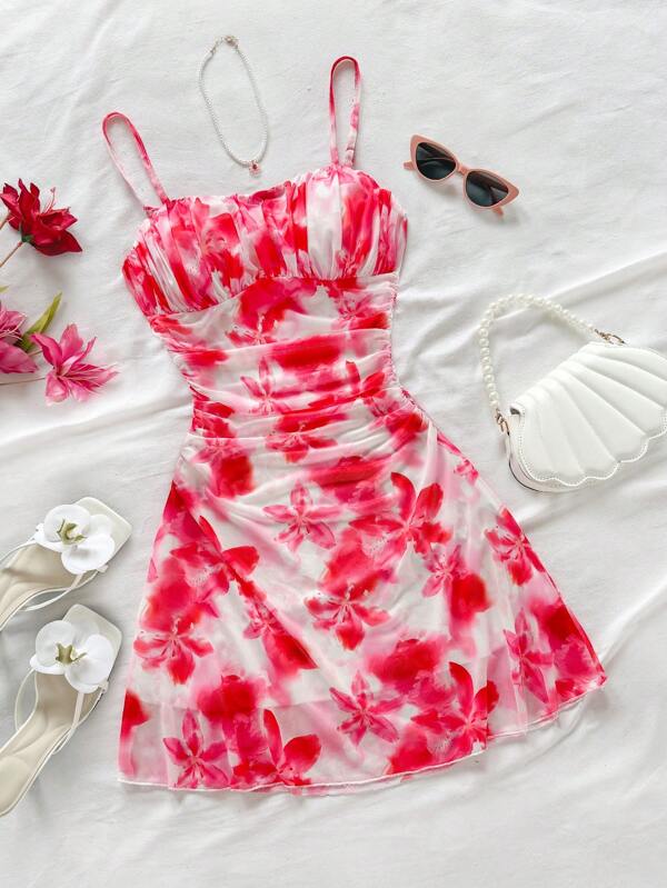 Soleia Rochie mini pentru femei, vopsită în motive florale, cu bretele spaghete și siluetă în linie A, vacanță romantică, petrecere, întâlnire, Paște, carnaval, plajă, croazieră, ceai de după-amiază, rochie de vară la modă, haine de vară pentru femei, îmbrăcăminte de vară pentru femei, seturi de vară pentru femei, rochii scurte pentru femei, haine de vară pentru femei, haine boeme