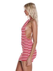 MUSERA Halter Neck Tie Striped Knit Fitted Mini Dress Spring Summer Vacation Beach Cute Ibiza Western Holiday - Red and White - View 2
