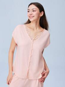 LUVLETTE Super Soft TENCEL™ Modal Pink Lace Inset Button Up Airy Women Pajama Set Lingerie Pants With Pockets Lingerie Bridal Intimates - Pink - View 3