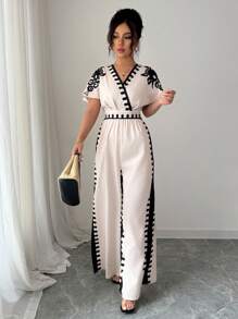 Elenzga Women's Deep V-Neck Floral Print Waist Gathered Wide Leg Jumpsuit For Summer Holiday - Apricot - View 4