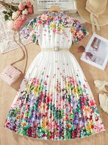 Tween Girl Tiered Ruffle Hem Short Sleeve Elegant Dress - Multicolor - View 3