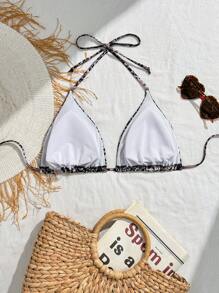 SHEIN Swim Curve Plus Size Women Sexy Halter Random Print Triangle Top Casual Vacation Swimsuit For Summer