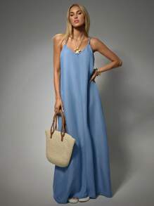 Avantive Summer Women Dresses Sundress Beach Women Dresses Blue Strappy Super Long Dress Cowgirl Women Outfits Casual Women Dresses Brunch Women Outfit Slip Dress Hawaii Women Outfits Picnic Dress Baby Blue Dress - Light Wash - View 1