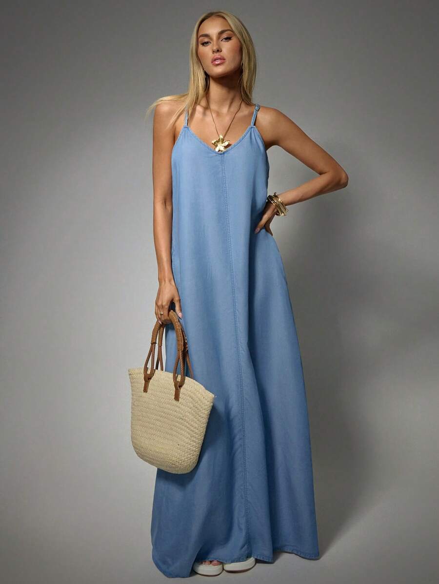 Avantive Summer Women Dresses Sundress Beach Women Dresses Blue Strappy Super Long Dress Cowgirl Women Outfits Casual Women Dresses Brunch Women Outfit Slip Dress Hawaii Women Outfits Picnic Dress Baby Blue Dress - Light Wash - View 1