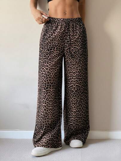 SHEIN PETITE 休闲街头豹纹宽松直筒阔腿裤