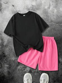 SHEIN Conjunto de 2 piezas para niño preadolescente con camiseta de manga corta de cuello redondo con estampado de ola marina y pantalones cortos elásticos en la cintura color rosa, estilo universitario casual y cómodo, adecuado para primavera y verano, uso diario, juegos al aire libre, escuela, fotografía callejera, fiesta y tiempo libre