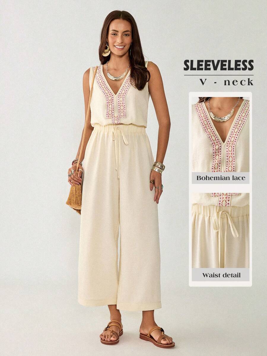 Florisole Women's Spring/Summer Bohemian Embroidered V-Neck Sleeveless Wide Leg Jumpsuit - Apricot - View 1