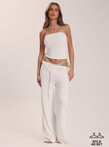 Musera Resort Confezione di 2 pezzi: top a fascia lungo in spugna e pantaloni a vita bassa e zampa d'elefante, coordinato, copricostume per vacanze estive, spiaggia e mare, carino