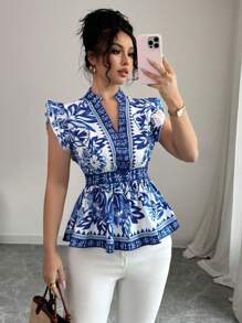 Breezaya Women's Vacation Fit Daisy Retro Print Mandarin Collar Cap Sleeve Shirt - Blue - View 1