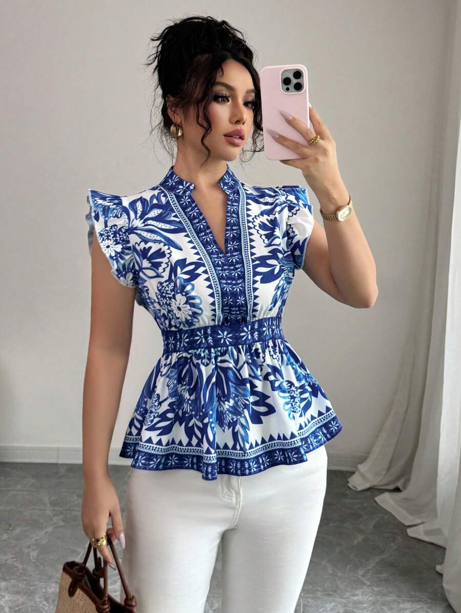 Breezaya Women's Vacation Fit Daisy Retro Print Mandarin Collar Cap Sleeve Shirt - Blue - View 1