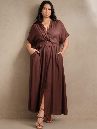 Anewsta Vestido de camisa con cuello en V y botones, con efecto de torsión en la cintura y diseño especial, para primavera/verano, festival/graduación, tallas grandes