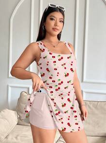 SHEIN EZwear Plus Size Women Cherry Ditsy Floral Pattern Printed Jumpsuit With Pockets, Casual Wear Suitable For Spring And Summer Outdoor And Vacation