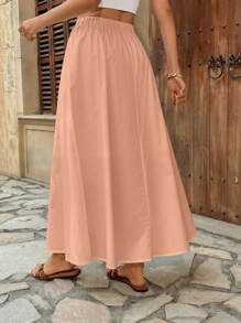 SHEIN Unity High Waist Elastic Waist Solid Color Flared A-Line Skirt, Versatile And Slimming - Dusty Pink - View 2