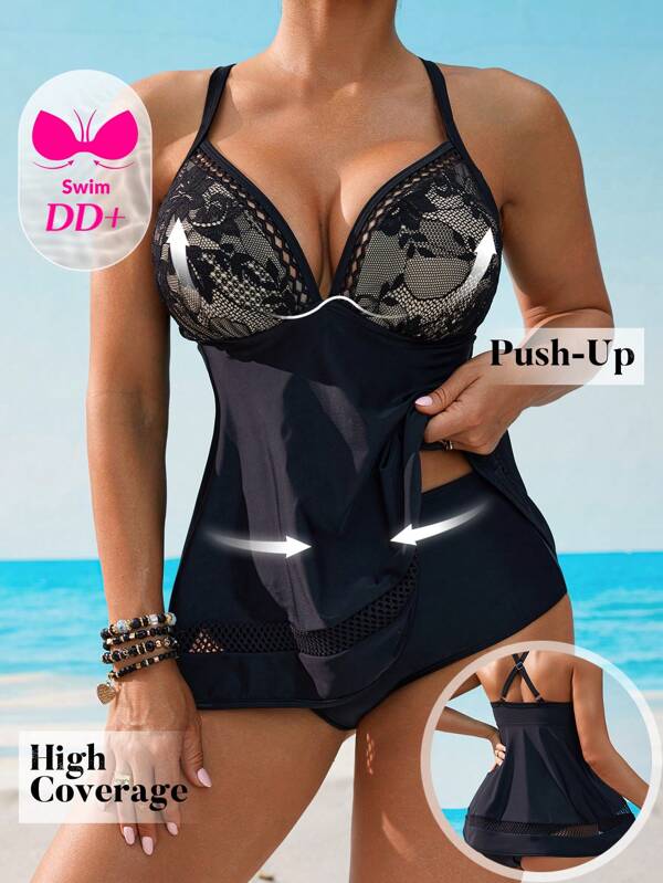 Swim DD+ Damen Spitzen Patchwork Träger Tankini Badeanzug Set
