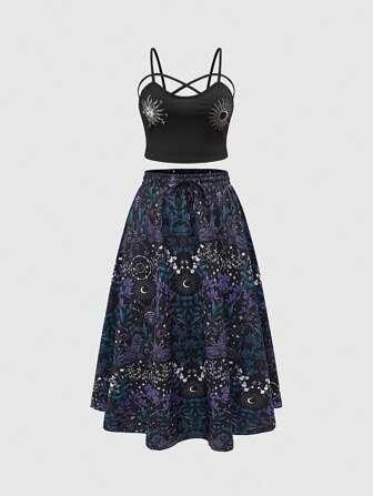 Goth Plus Size Women's Gothic Floral Print Camisole & Elastic Waist Skirt 2pcs Set, Vacation Outfit