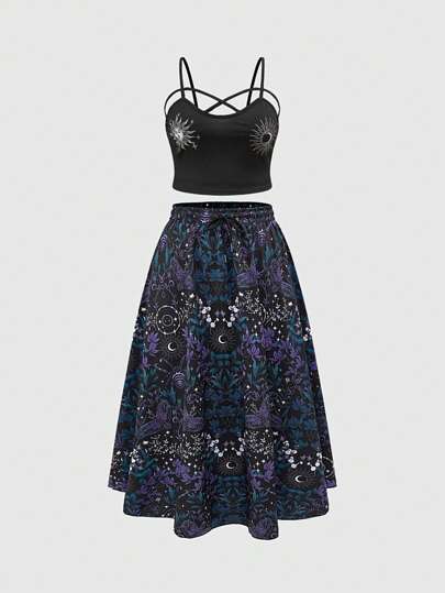 Goth Set da 2 pezzi composto da canotta con stampa floreale gotica e gonna in vita elasticizzata da donna taglie forti, outfit da vacanza