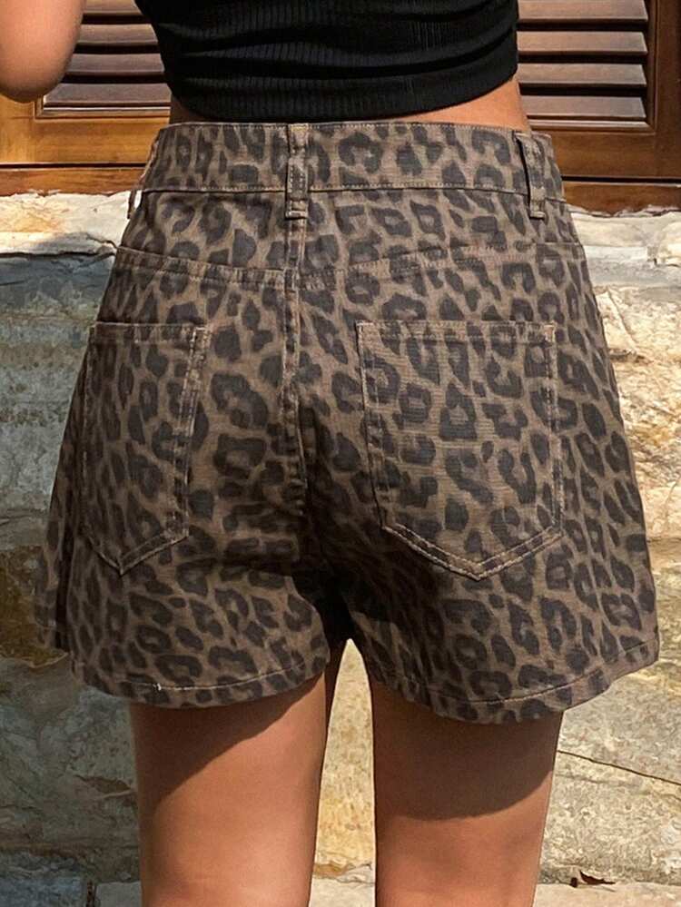 Women's Regular Waist Casual Leopard Print Denim Shorts