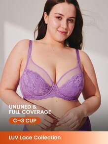 LUVLETTE Plus Soft Woman Lingerie Lounge Curve Sheer Full Coverage Support&Breathable Underwire Sexy Unlined Minimizer Lace Elegance & Mesh Purple Bra Bridal Intimates