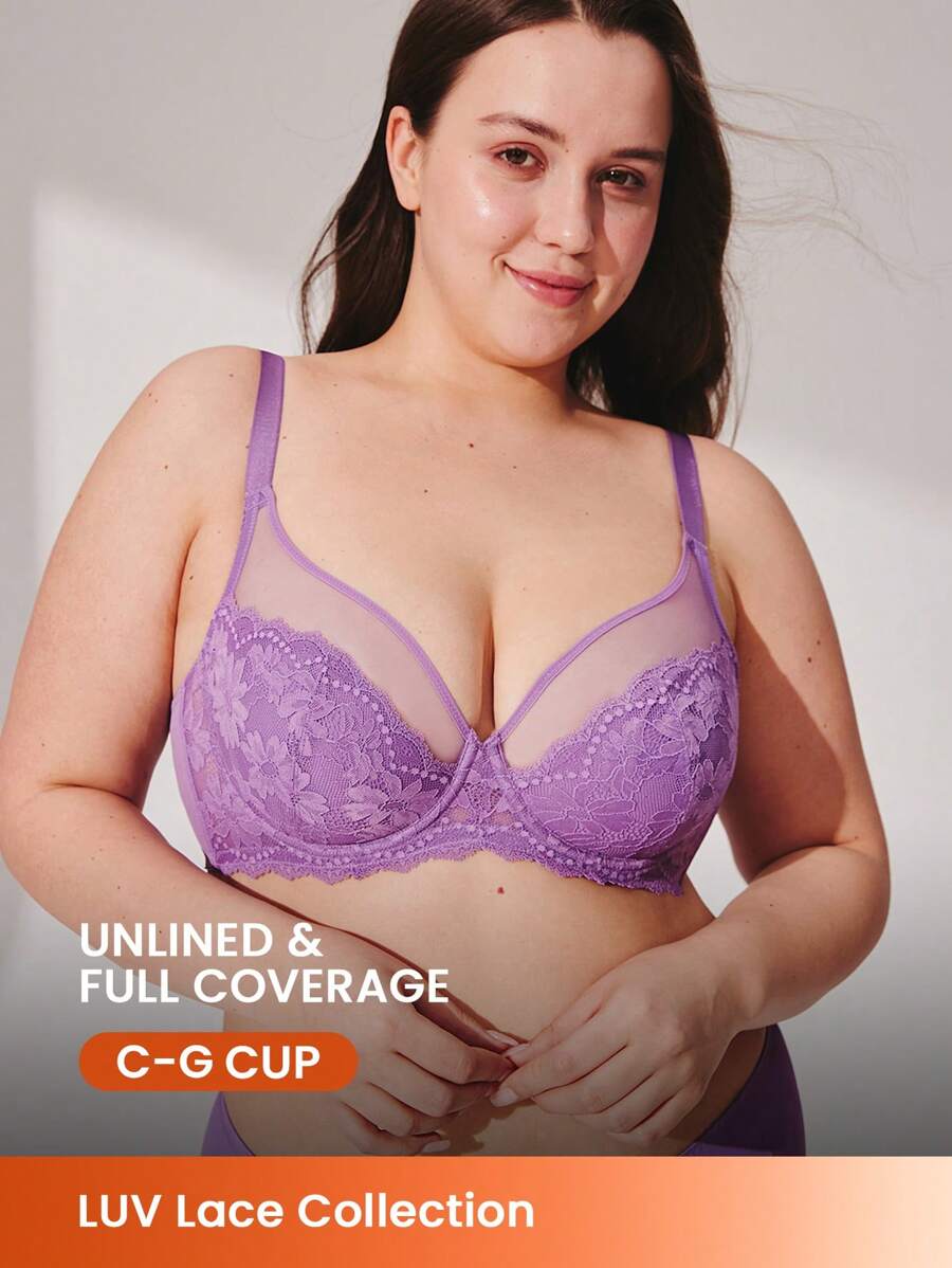 LUVLETTE Plus Soft Woman Lingerie Lounge Curve Sheer Full Coverage Support&Breathable Underwire Sexy Unlined Minimizer Lace Elegance & Mesh Purple Bra Bridal Intimates