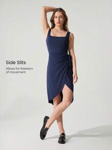 GLOWMODE Modal Chill Out Square Neck Slim Fit Midi Wrap Skirt Dress Daily Casual Wear Removable Cups - Dark Blue - View 4