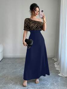 SHEIN Unity Vestido de fiesta ceñido y sexy con hombros inclinados, parches y rayas - Azul Marino - Ver 5