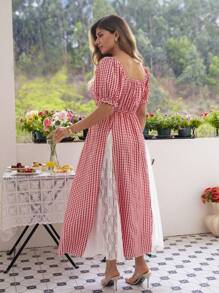 KURAYIA Damen Große Größen Lässig Kleid mit Puffärmeln, Karomuster, Spitze und Netzeinsätzen in Knielänge, eleganter vintage Blumen Romantik Stil, weich & bequem für den Sommer