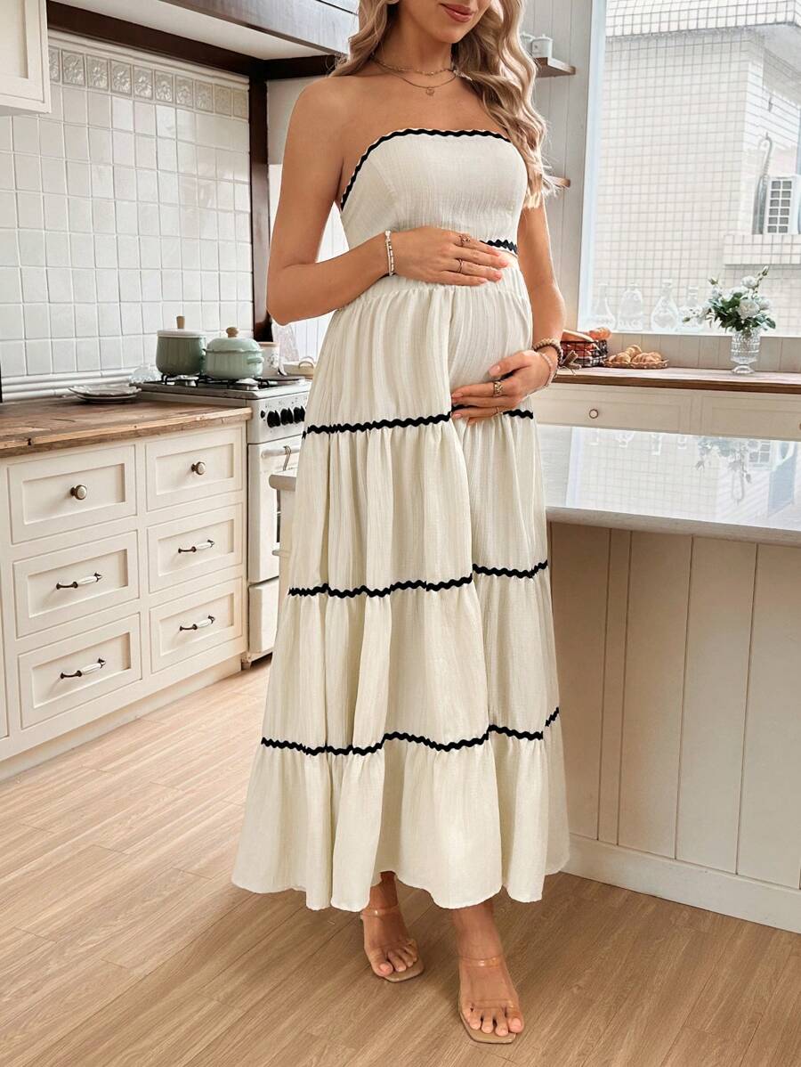 SHEIN 2pcs/Set Solid Color Woven Strap Maternity Crop Top With Tie Detail - Apricot - View 1