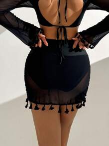 SHEIN Swim Gonna mini in rete nuova da donna con orlo con frange, in vita alta, con mutandine incorporate, semi-trasparente, vestito da spiaggia sexy - nero - Visualizzare 7