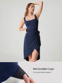 GLOWMODE Modal Chill Out Square Neck Slim Fit Midi Wrap Skirt Dress Daily Casual Wear Removable Cups - Dark Blue - View 3