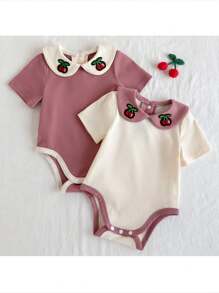 Loomiva 2pcs/Set Newborn Baby Girl Cartoon Fruit Pattern Soft Contrast Color Ruffled Collar Short Sleeve Romper