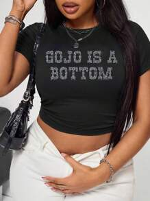 Gojo Plus Size T-Shirt With Crystal-Embellished Hem - Black - View 1