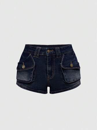 Grunge Punk Vintage Y2K Baddie Cargo Pocket Decor Low Waist Mini Denim Shorts, Versatile For Various Occasions, Women Summer