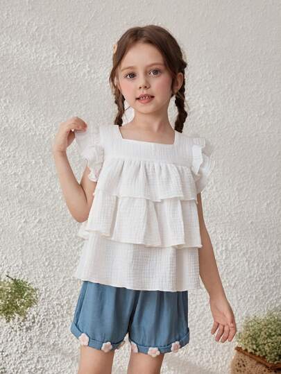 Blossori Young Girls 2pcs Set Linen Ruffled Hem Blouse And Shorts, Vacation Outfit