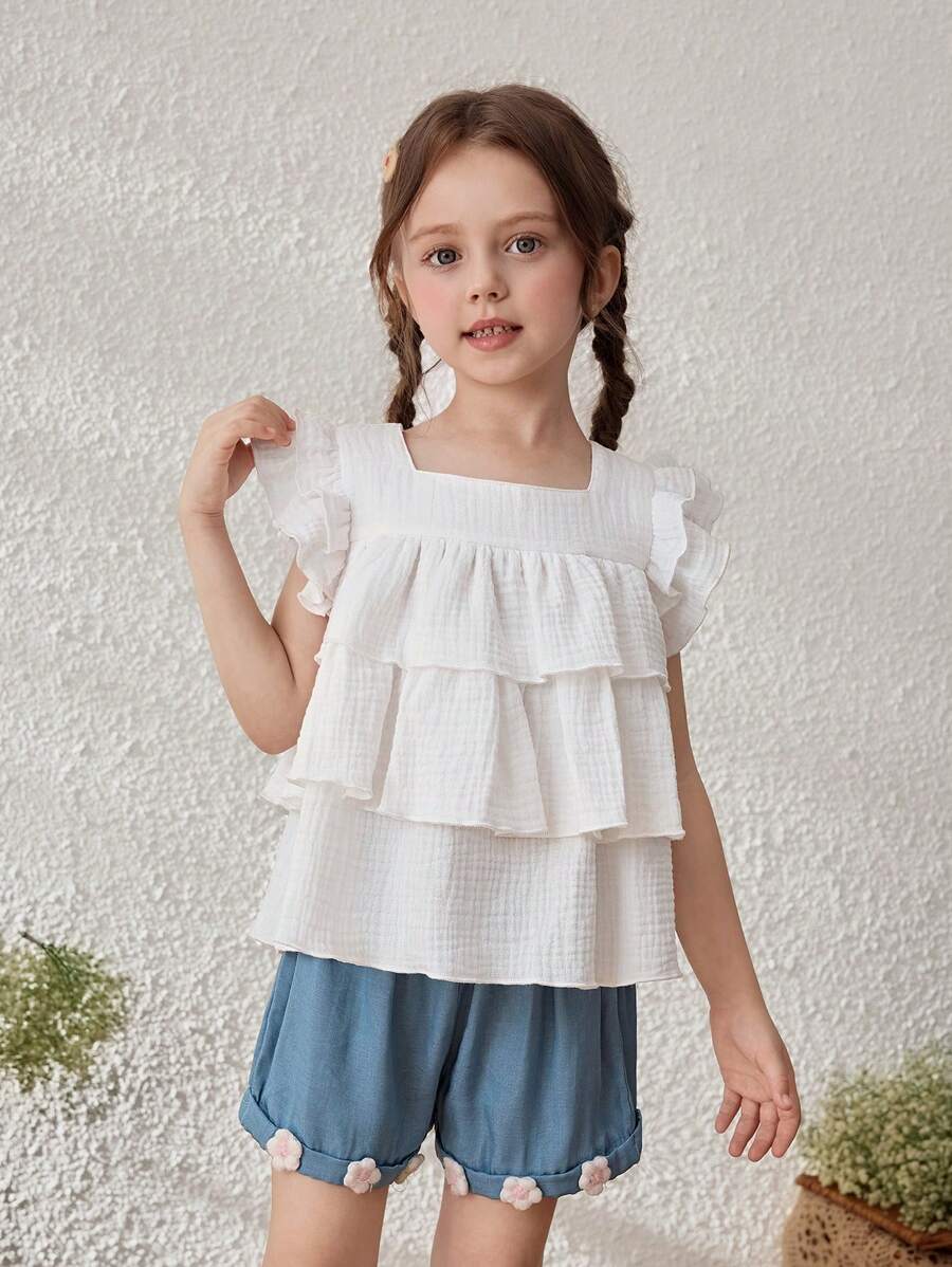 Blossori Conjunto de 2 piezas para niñas con blusa de volantes de lino y shorts, conjunto de vacaciones - Azul y blanco - Ver 1