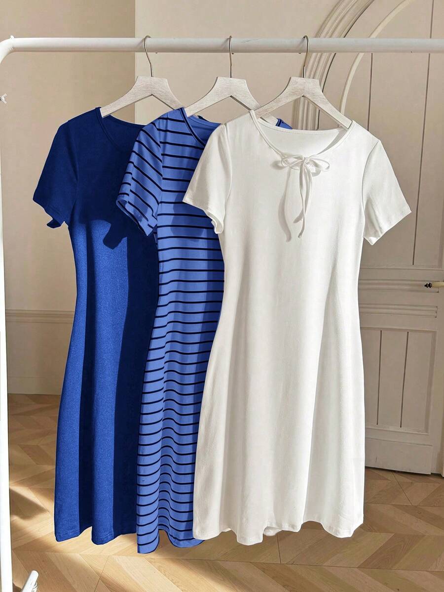 3 Piece Set Striped White & Purple Dress Outfits - Multicolor - View 1