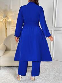 SHEIN ICON CURVE 大码优雅通勤纯色灯笼袖长衬衫和长裤两件套