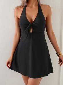 SHEIN Swim Women's Tie Front V-Neck Hollow Modest Elegant High-End Halter Neck Beach Dress Swimsuit Cover Up, Spring/Summer - Multicolor - View 5