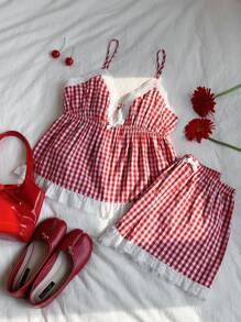 Comfortcana Bộ đồ lót kẻ caro và quần short mùa hè cho nữ khi đi nghỉ - Đỏ và trắng - Xem 6