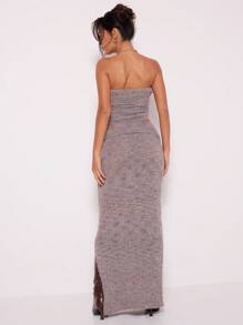 MUSERA Knit Foldover Maxi Skirt & Bandeau Crop Top Set Sexy Winter Spring Cosy Date Night Elegant - Brown - View 3