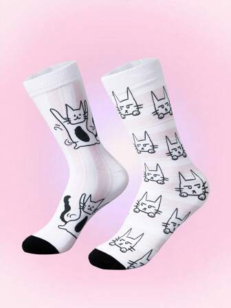 Kawaii 1 set Calcetines divertidos de mujer con rayas rosas y gatos lindos, artículo n.º 998665