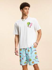 Paul Frank X SHEIN Conjunto de camiseta de manga corta con estampado de dibujos animados y letras, y pantalones cortos para hombre